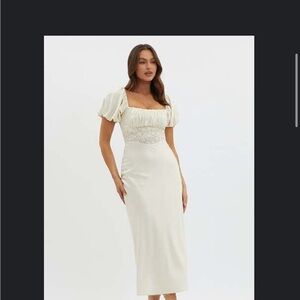 Selfie Leslie Cream Puff-Sleeve Midi Dress with Lace Waist